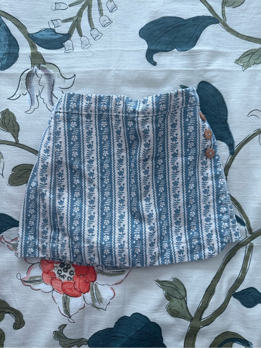 Blue Striped Floral-Print Mini Skirt with Side Buttons